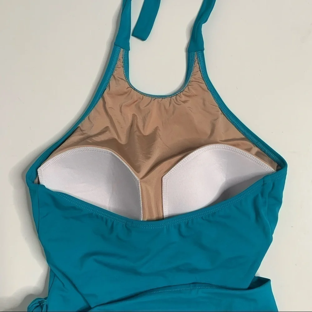 NWT Hermoza Genevieve Teal Waist Tie Halter One Piece Bathing Suit